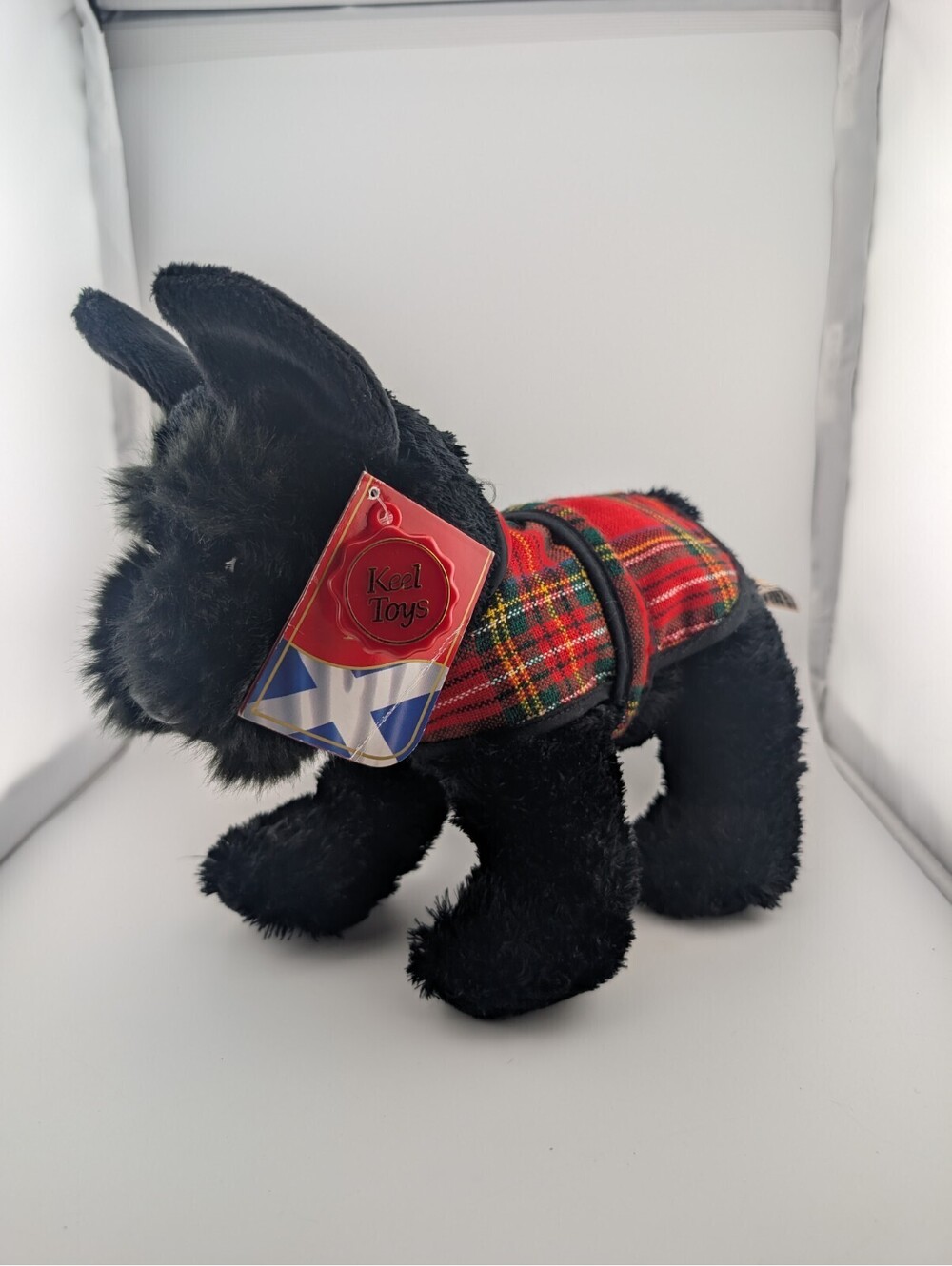Vintage Keel Toys Scottie Dog Scottish Terrier Plush With Red Tartan Plaid Coat